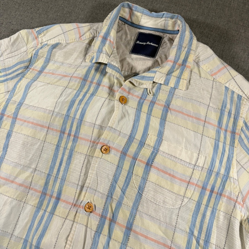 Tommy Bahama Button Down Camp Shirt Men Small Cream Blue Plaid Silk Tencel Blend
